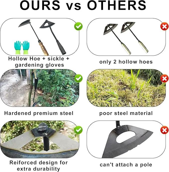 Pack of Weeding Tool Hollow Hoe and Japanese Sickle Garden Tool and a Pair of Professional Gardening Gloves - Heavy Duty Very Sharp Gardening Hand Tools for Landscaping - Nejiri Gama Hoe by GreenHaven Gardens
