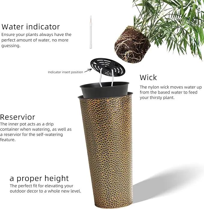 KOL 28" H. Tall Metal Cone Planters with Inner Pots 2-Pack, Bronze Hand-Hammered Large Decor Planter for Deck, Patio, Porch - Handcrafted Flower Pot - with Water Level Indicator - Indoor Outdoor Use by GreenHaven Gardens
