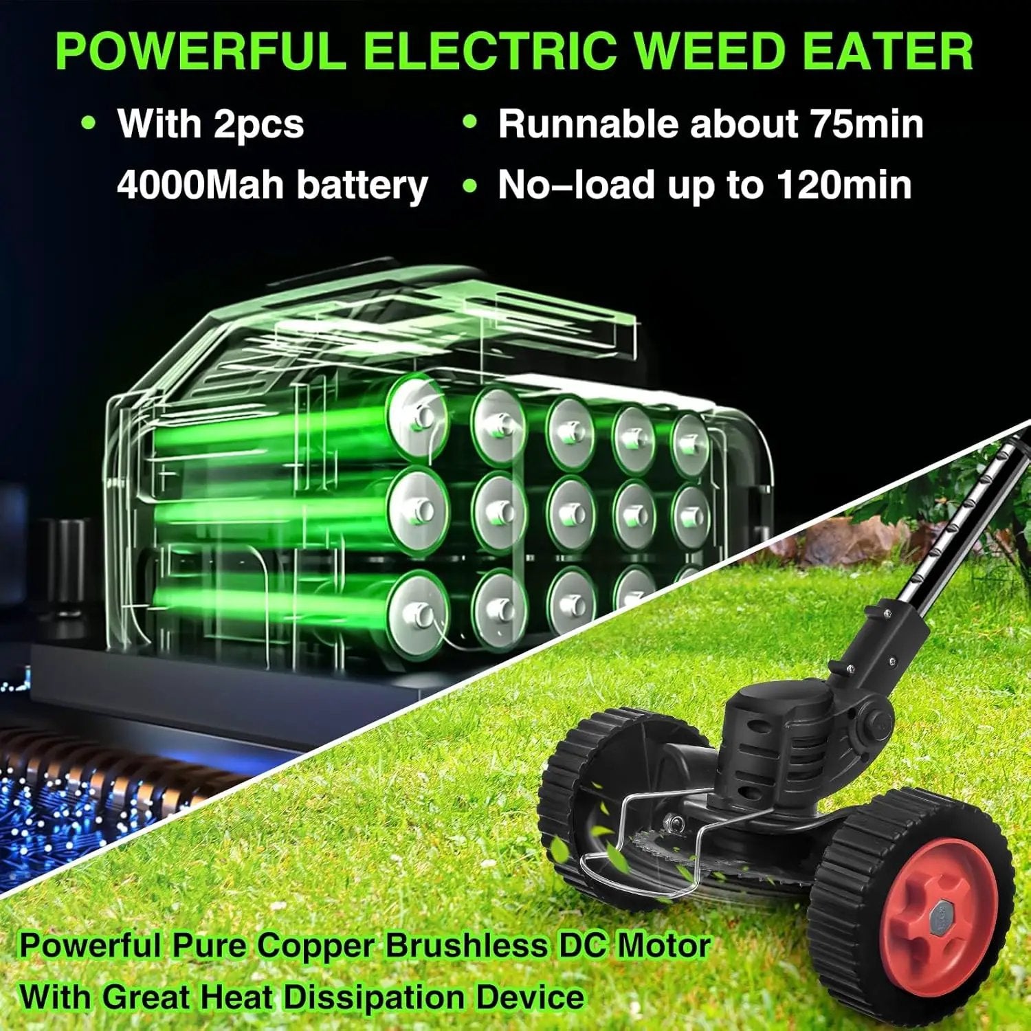 Electric Weed Wacker Cordless with Wheels: Electric Weed Wacker Battery Powered 24V 4.0Ah - Cordless String Trimmer for Lawn Garden Glass Pruning Trimming, Black by GreenHaven Gardens