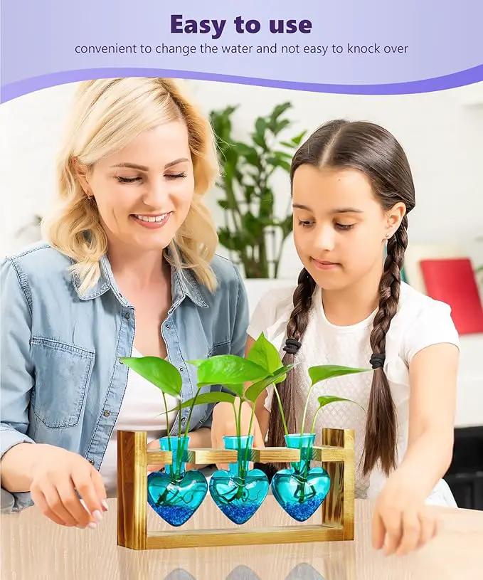 Nacome Plant Terrarium for Office Decor: Wooden Stand Tabletop Planter 3 Bulb Glass Vase Heart Shaped for Hydroponics Indoor Home - Birthday Gifts for Women Mom Grandma by GreenHaven Gardens