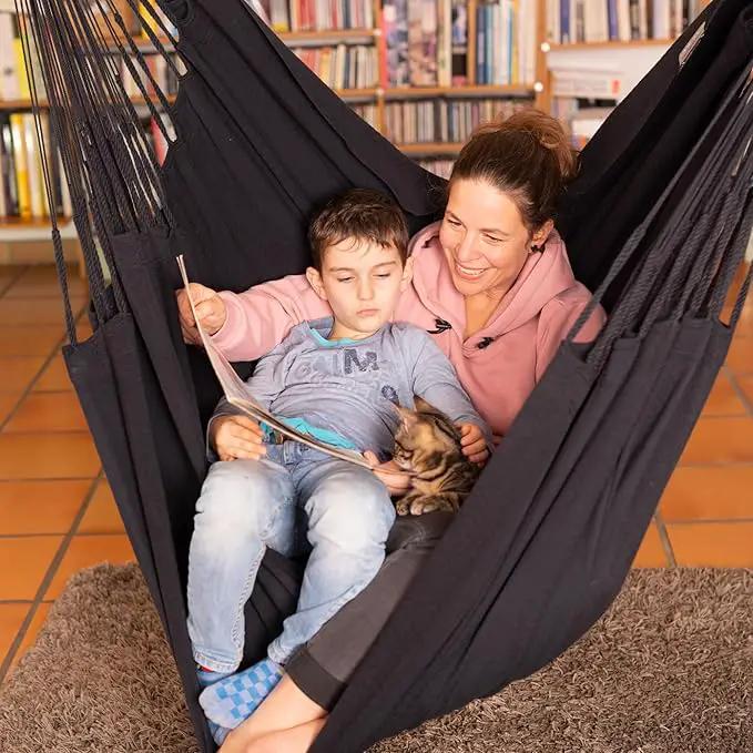 LA SIESTA® - Large Comfort Habana Cotton Hammock Chair & TreeMount - Hanging Hammock Chair w/Suspension Kit for Trees Beams & Posts - Indoor Outdoor Swing Hanging Chair Bedroom Patio Balcony - Onyx by GreenHaven Gardens