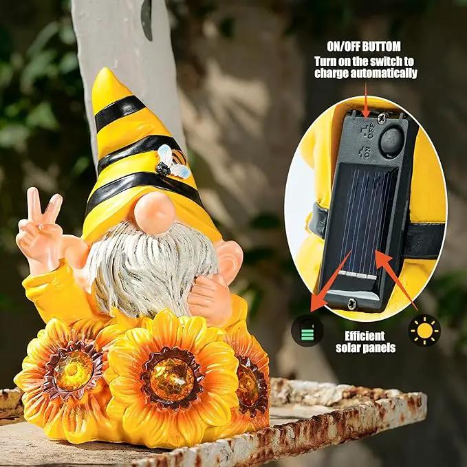 Garden Gnome Sculptures & Statues Resin Summer Bee Gnome with Sunflower, Outdoor Funny Gnome Decoration Solar Light Gnome Gifts for Yard, Patio Decor for Mom by GreenHaven Gardens
