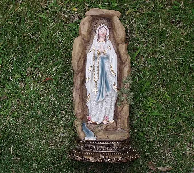 MeritMode Virgin Mary Collectible Figurines - Our Lady of Lourdes in Grotto Design, Handcrafted Resin Religious Gifts Decor for All Faiths, 12.5" H