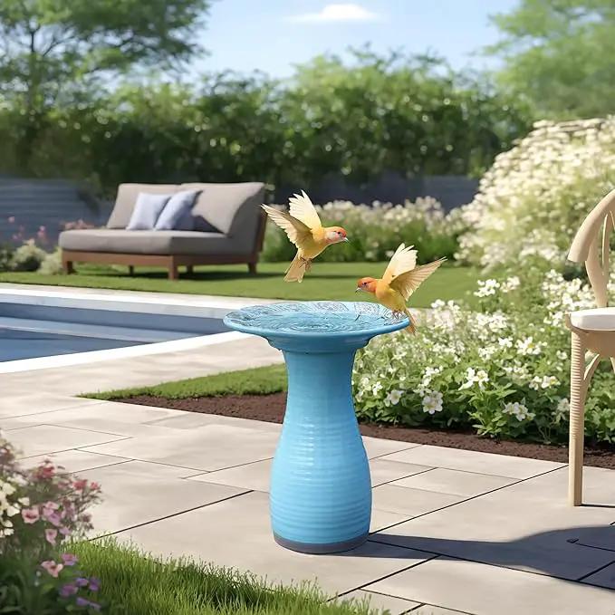LuxenHome 20 Inch Ceramic Bird Bath for Outside, Elegant Tall Outdoor Bird Bath, Lightweight Pedestal Glazed Birdbaths for Outdoors with Leaf Pattern, Sky Blue by GreenHaven Gardens