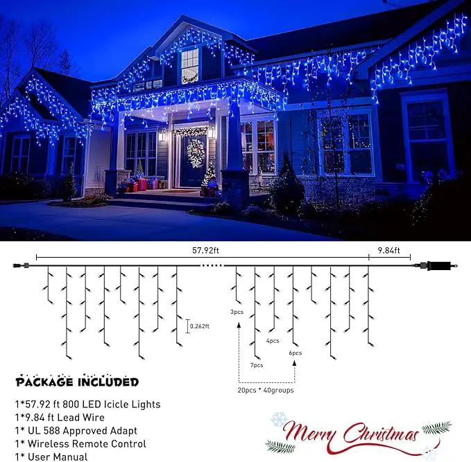 JMEXSUSS 800 LED Blue Icicle Christmas Lights Outdoor, Icicle Lights for Outside with 160 Drops, Blue Christmas String Lights Indoor Outdoor for Party Holiday Christmas Decoration by GreenHaven Gardens