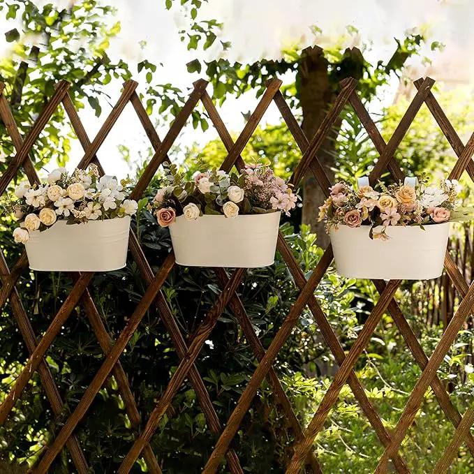 3 Pack Metal Hanging Flower Pots for Railing Fence，Outdoor Balcony Rail Planter with Detachable Hooks Drainage Holes for Deck Garden Home Decor White by GreenHaven Gardens