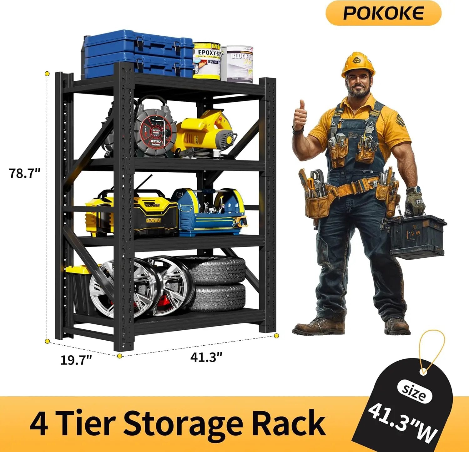 Garage Shelving Unit, 4 Tier Heavy Duty Racks, Easy Assembly, Metal Racks with Adjustable Shelves, 3000 LBS Load Capacity,for Warehouse,Basement (Black, 19.7" D x 41.3" W x 78.7" H) by GreenHaven Gardens