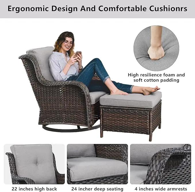 5 Piece Outdoor Patio Furniture Set - Wicker Furniture Patio Conversation Set, Outdoor Swivel Rocker Chairs with 3-Seater Sofa and 2 Ottomans for Small Space, Gray Cushion by GreenHaven Gardens