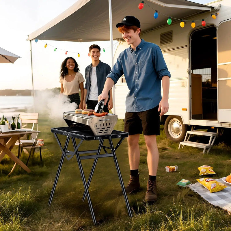 2ft Sturdy Folding Grill Table, Supports 180 Lbs, 2 Adjustable Height 28” Portable Grill Table, Heat-Resistant Tabletop, Folding Metal Table for Camping BBQ Cooking Backyard, 24" X 16", Black by GreenHaven Gardens