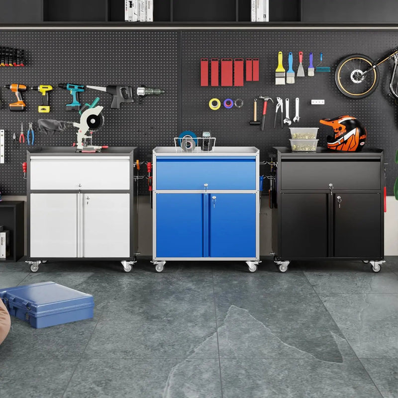 Metal Storage Cabinet on Wheels with 1 Drawer, Rolling Steel Garage Tools Cabinet with Side Pegboard &4 Hooks & 1 Adjustable Shelf for Garage,Shop,Home, Blue/Gray, Assembly Required by GreenHaven Gardens