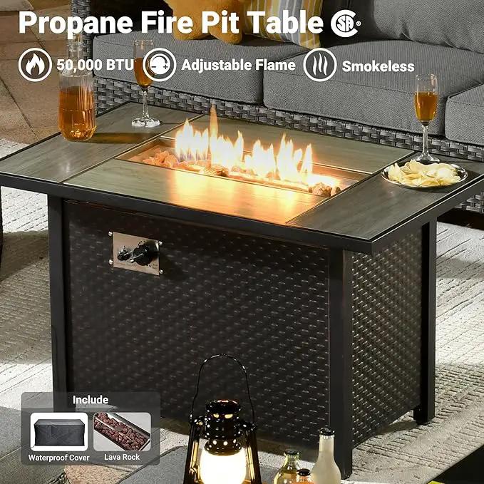 ovios 7 Pieces Patio Furniture Set with 42" Fire Pit Table, Outdoor Wicker Sofa with Swivel Chairs, All Weather High Back Rattan Couch Conversation Set, Dark Grey by GreenHaven Gardens