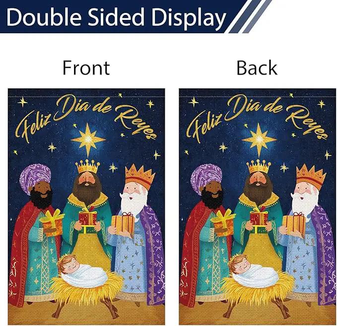 Heyfibro Feliz Dia De Reyes Garden Flag Three Kings Christmas Flags 12 x 18 Inch Double Sided Burlap,Nativity Christ Yard Banner for Xmas Winter Farmhouse Seasonal Decor(ONLY FLAG) by GreenHaven Gardens