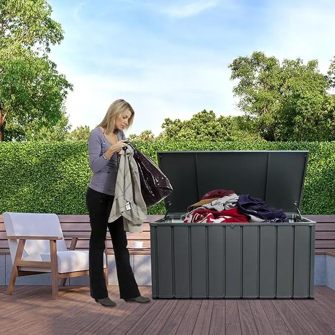 Domi Outdoor Storage Deck Box 120 Gallon, Waterproof Lockable Steel Outdoor Storage Container for Outside Cushions, Garden Tools and Pools Equipment, Gray by GreenHaven Gardens