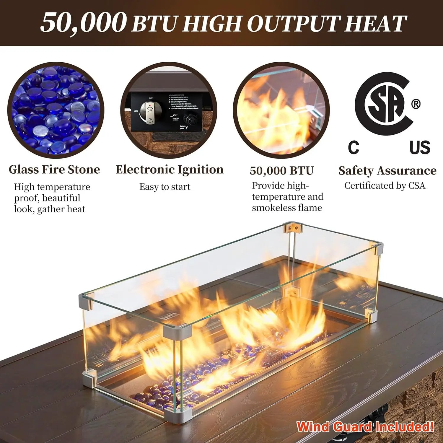 43” Propane Fire Pit Table Outdoor Rectangular Stone Firepit Table 50,000 Btu Propane Fire Tables for Outside Patio with Glass Wind Guard, Lid, Fire Glass Beads,Brown Rock Look by GreenHaven Gardens