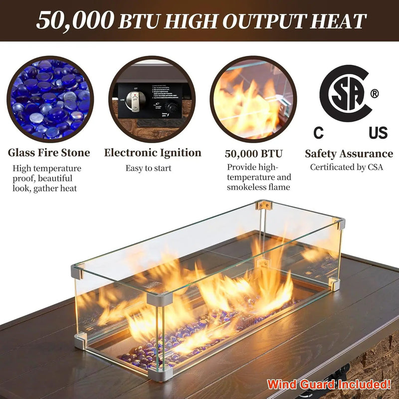 43” Propane Fire Pit Table Outdoor Rectangular Stone Firepit Table 50,000 Btu Propane Fire Tables for Outside Patio with Glass Wind Guard, Lid, Fire Glass Beads,Brown Rock Look by GreenHaven Gardens