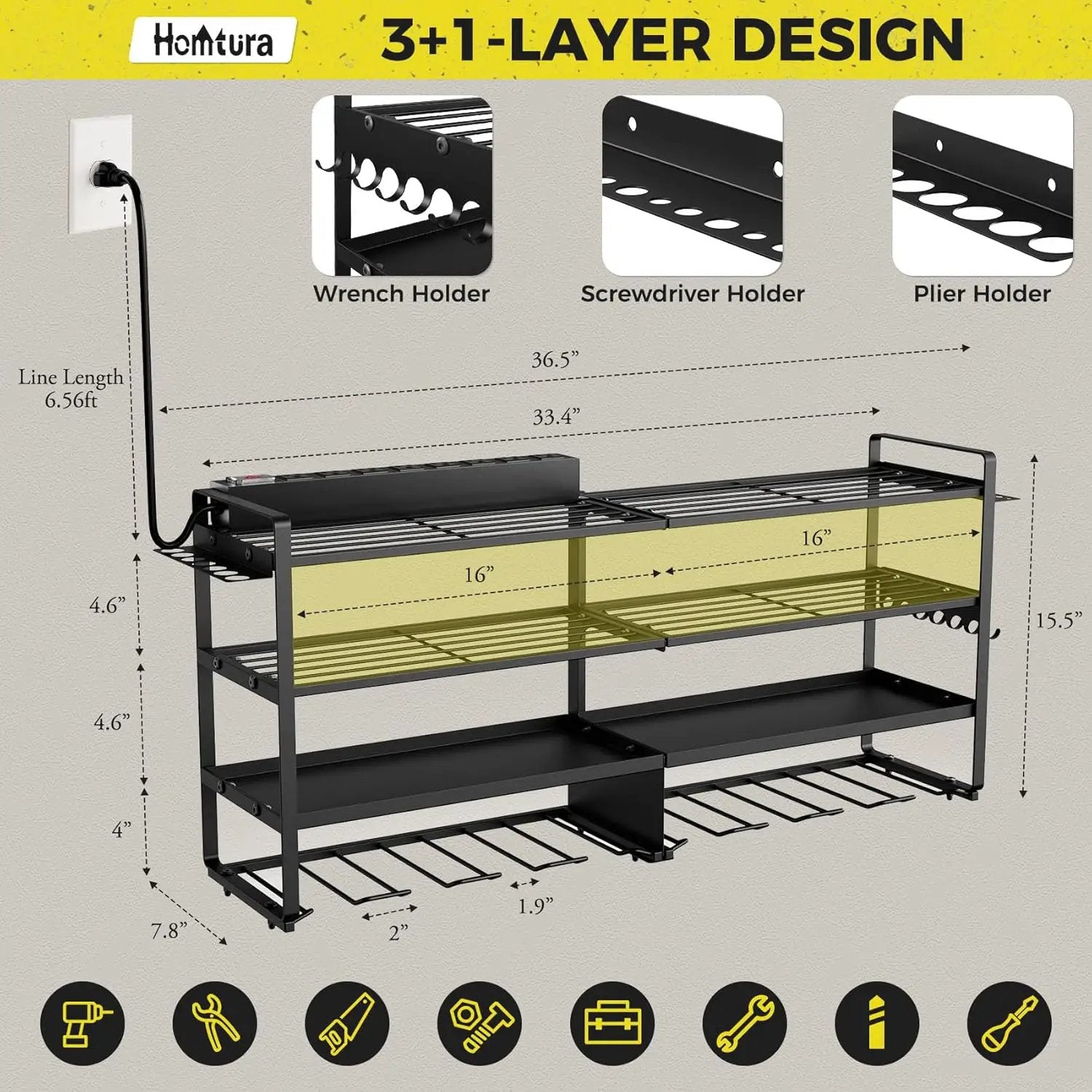 ‌Heavy Duty 4-Layer Power Tool Organizer Wall Mount with 8 Outlet Power Strip- Holds 8 Cordless Drills, 400lbs Capacity Metal Garage Storage Rack‌ by GreenHaven Gardens