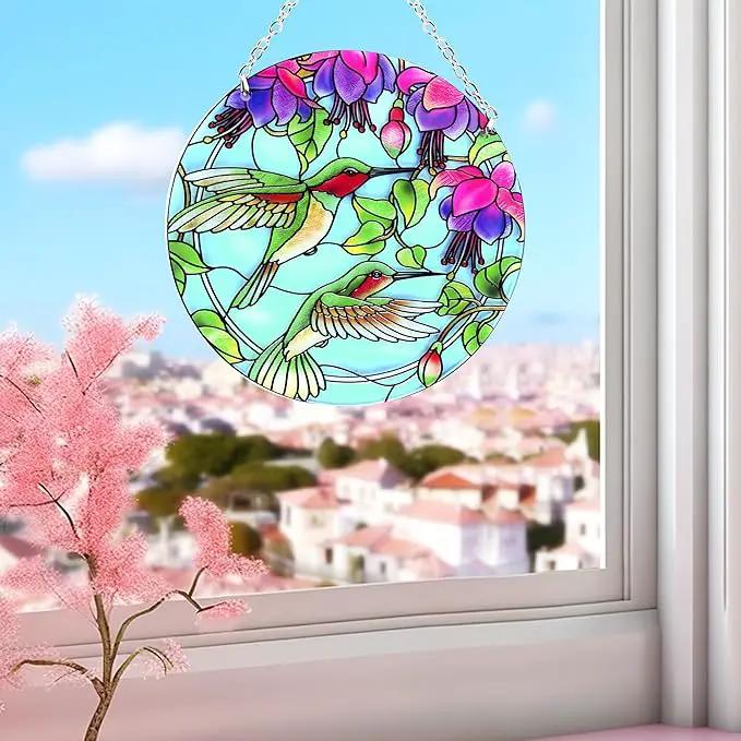Hummingbird Suncatcher Stained Glass - Hummingbird Gifts for Women, Birds Suncatchers for Windows - Birds Window Hangings with Chain and Hook, 6 inch Stained Glass Suncatcher for Mom by GreenHaven Gardens
