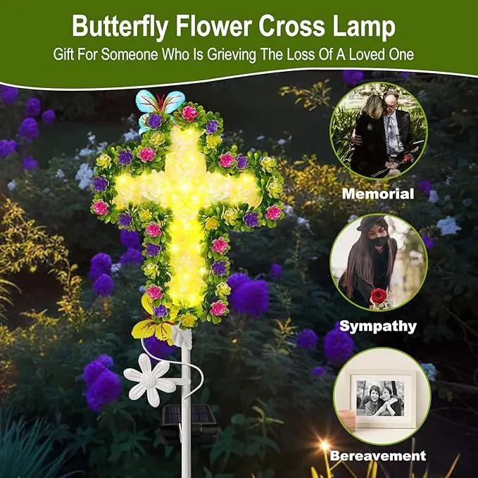 YJFWAL 1 Pack Solar Flowers Cross Garden Stake Lights, Yard Solar Lights Cemetery Decorations For Grave Outdoor Light Jesus Cross Sympathy Memorial Gift For Grandma, Garden Lawn Patio Pathway Deco by GreenHaven Gardens