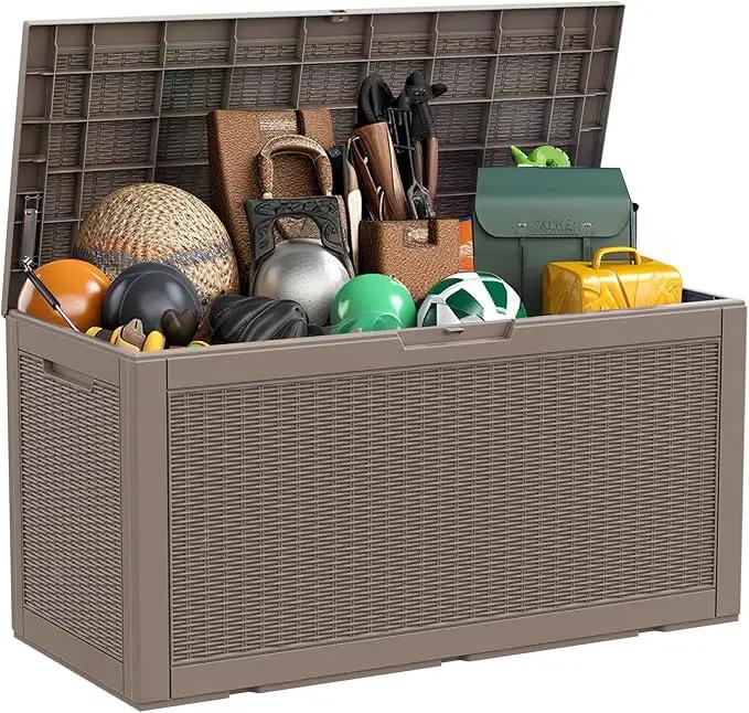 100 Gallon Outdoor Deck Box,Storage Lockable Waterproof Patio Furniture,Garden Tools,Cushions,Pool Accessories Outside Storage Resin Box(Grey) by GreenHaven Gardens