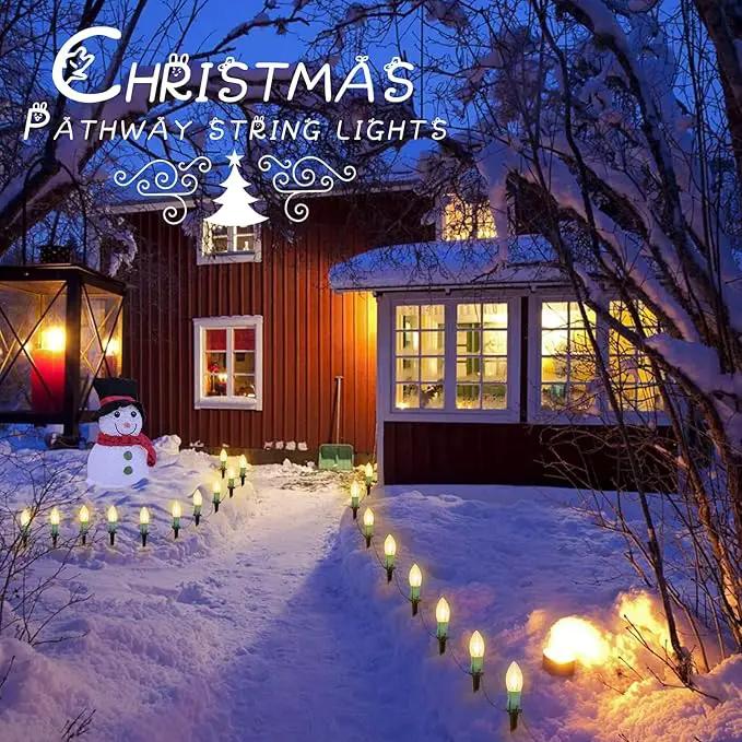 C9 Christmas Lights Outdoor, 2 Packs Total 51.4 Ft 40 Bulbs Christmas Pathway Lights, Waterproof Walkway Lights for Outside Driveway Sidewalk Outdoor Christmas Decorations Yard, Clear by GreenHaven Gardens