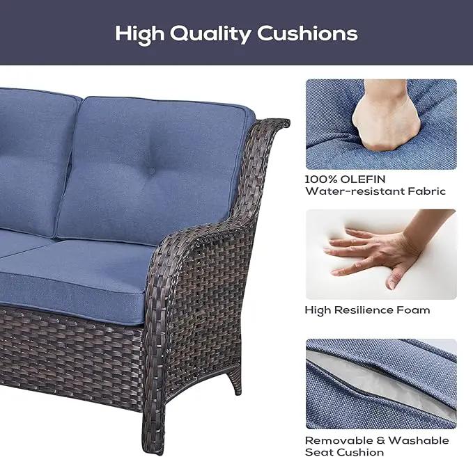 Outdoor Sectional Sofa Furniture Set with Propane Fire Pit Table, Wicker Patio Conversation Set with 2 Swivel Glider Rocker Chairs Blue Cushion Perfect for Backyard Casual Gathering by GreenHaven Gardens