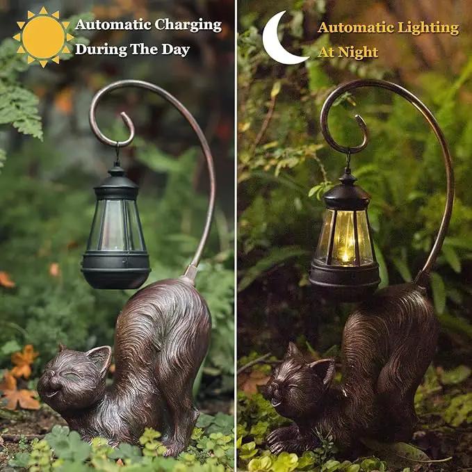 Laughing Cat Figurine with Solar-Powered LED Light, 15.7 Inches Tall Antique Bronze, Perfect for Gift Garden Decor or Housewarming for Cat Lovers. by GreenHaven Gardens