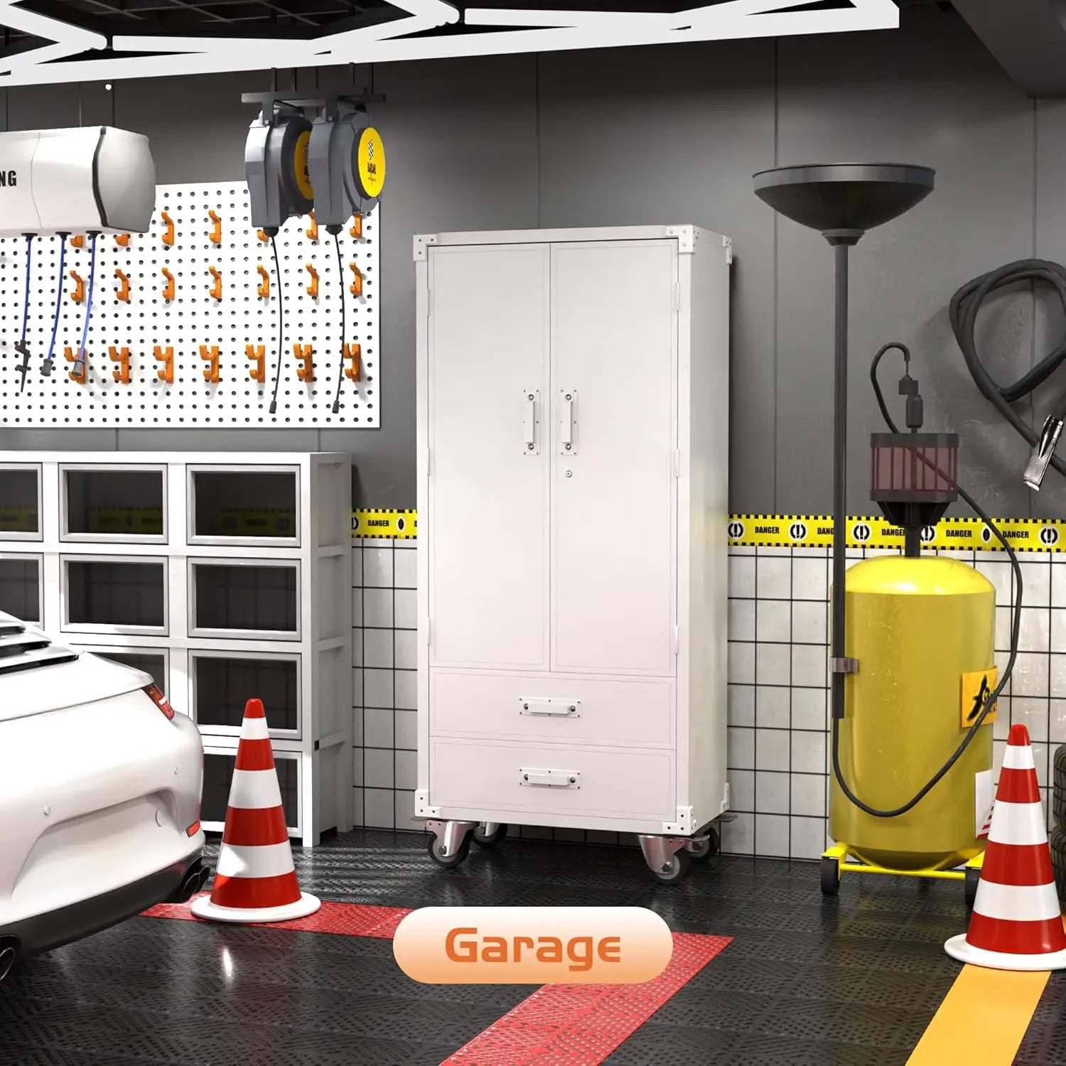 Metal Storage Cabinet with 2 Drawers, Garage Tool Cabinet on Wheels for Home Office,Assembly Required,White by GreenHaven Gardens