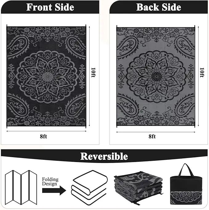 Pauwer Waterproof Outdoor Rug 8x10, Reversible Plastic Straw Patio Camping Rug, Indoor Outdoor RV Mat Carpet for Deck, Camper, Porch, Balcony, Backyard, Picnic, Boho Black Grey by GreenHaven Gardens
