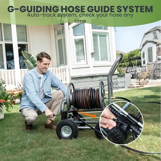 Giraffe Tools Hose Reel Cart, Hose Cart with Wheels Heavy Duty, Industrial Hose Reels for Outside, 250-Feet of 5/8" Hose Capacity, Hose Guide Pre-Installed by GreenHaven Gardens