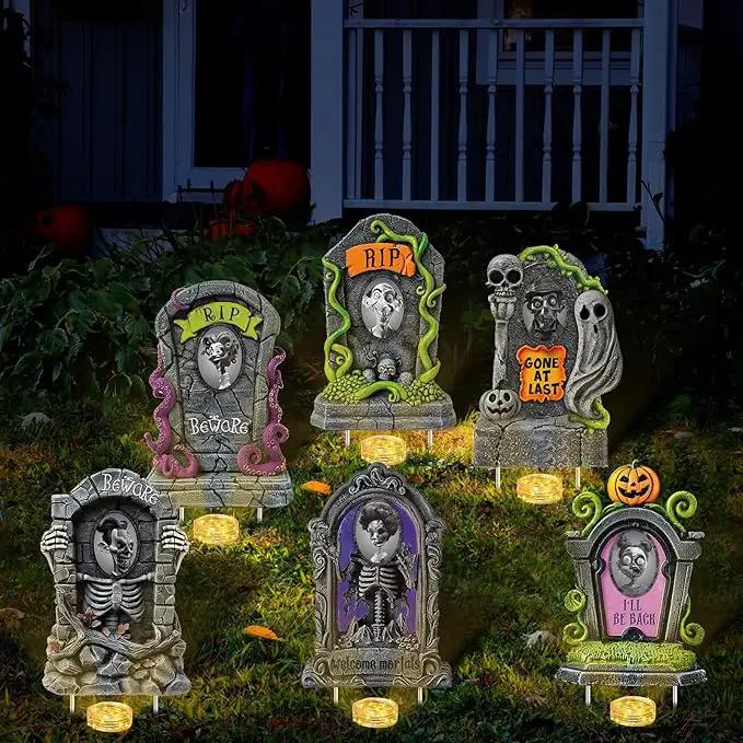 Hiboom 6 Set Large Halloween 3D Changing Face Rip Graveyard Tombstones and 23.6x15.7 Inch Halloween Skeleton Headstone 6 Pcs LED String Lights Halloween Decoration for Yard Garden Lawn by GreenHaven Gardens
