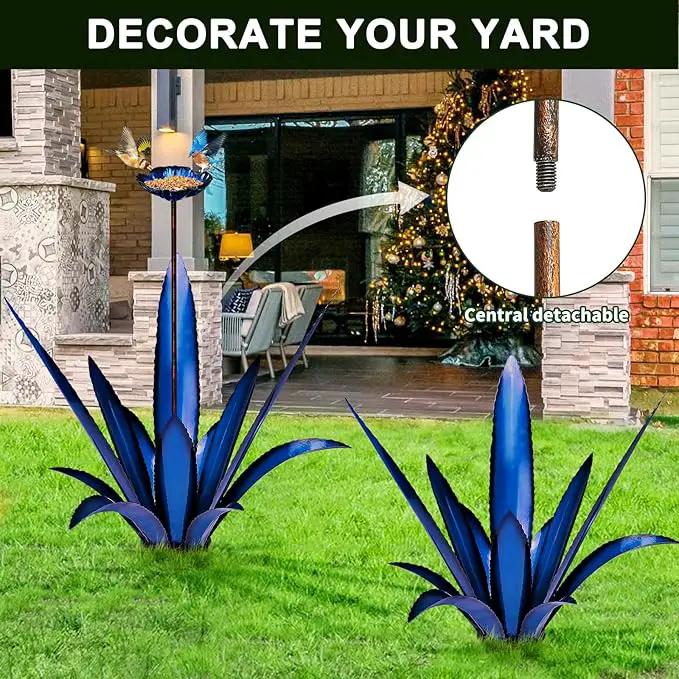 Upgraded Large Metal Yard Art, Metal Agave Plant Yard Decorations Outdoor Sculpture, Metal Flowers for Outside, Waterproof Outdoor Garden Decor (Blue+ Bird Feeder) by GreenHaven Gardens