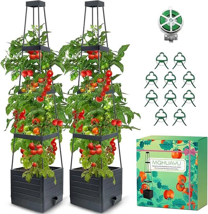 2Pack Raised Garden Bed Planter Box with Trellis, 57" Self-Watering Tomato Cage Planters for Climbing Plants Vegetable Vine Flowers Outdoor & Indoor (57x9.8x9.8IN) by GreenHaven Gardens