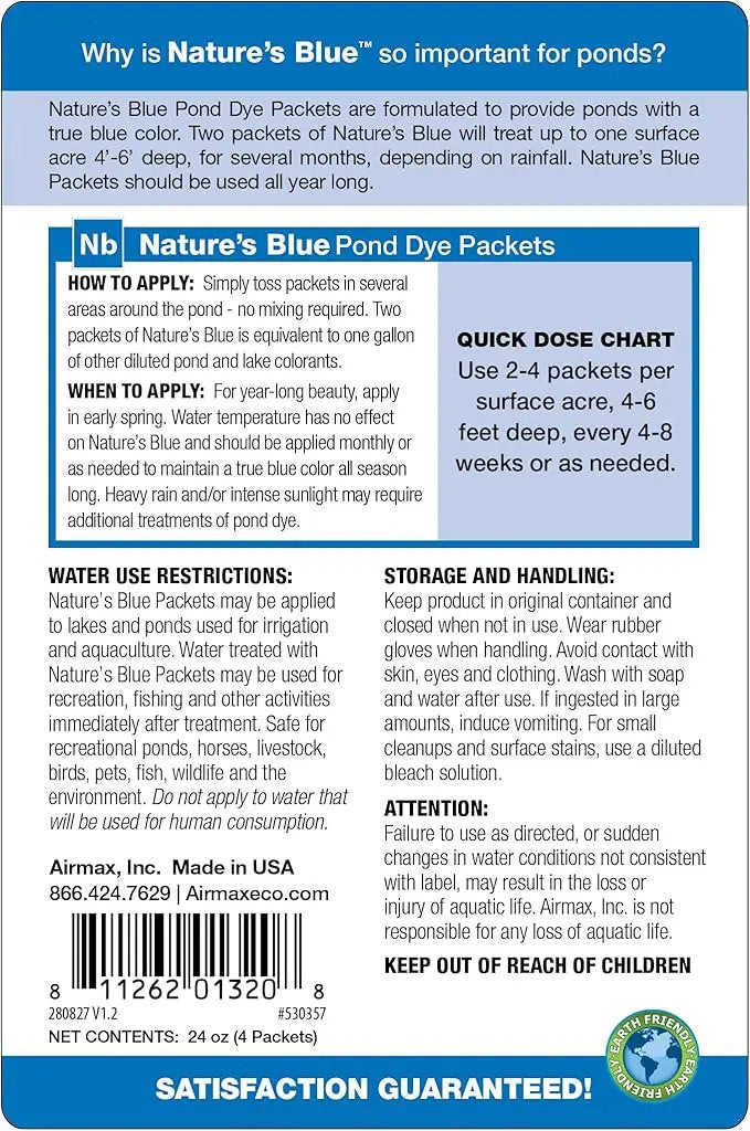 Airmax Pond Dye Packets Nature's Blue Colorant for Large Pond & Lake, Beneficial UV Blocking Color Concentrate, Maintain Clean & Clear Pond, Fish, Bird & Animal Safe, Easy Treatment, 2 Soluble Packets by GreenHaven Gardens