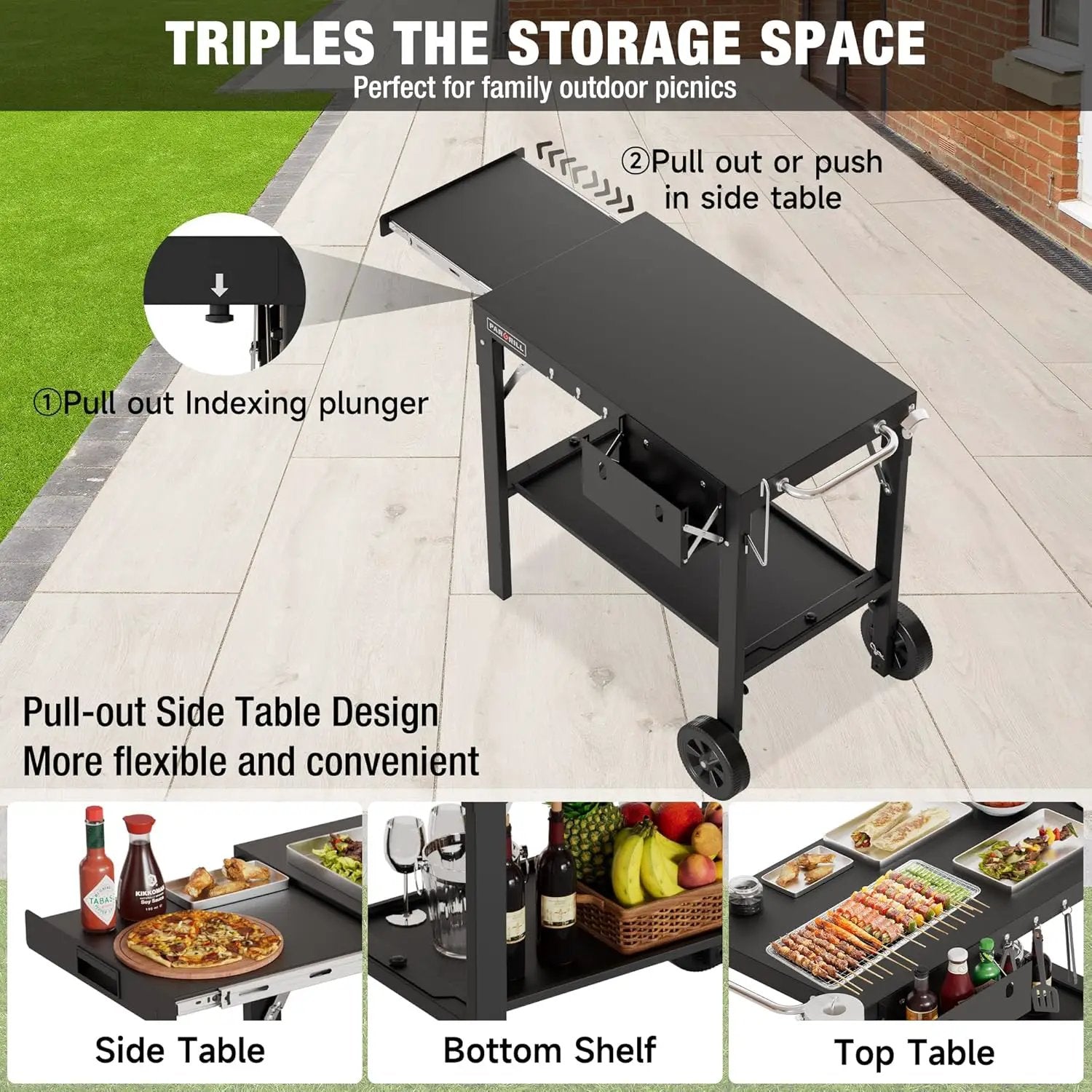 Outdoor Grill Table, Folding Grill Cart with Pull-out Side Table, Blackstone Griddle Stand, Fit 17 Inch Or 22 Inch, Stainless Steel BBQ Prep Station, Pizza Oven Stand by GreenHaven Gardens