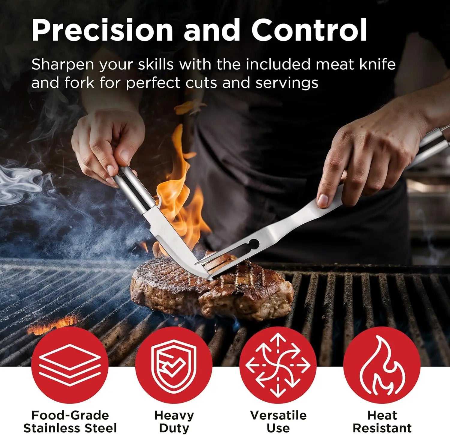 Kaluns Grilling Accessories, Dad Gifts for Christmas Grilling Gifts, Heavy Duty Stainless Steel Grill Set BBQ Grill Accessories for Outdoor Grill with Meat Thermometer, Case and Apron by GreenHaven Gardens