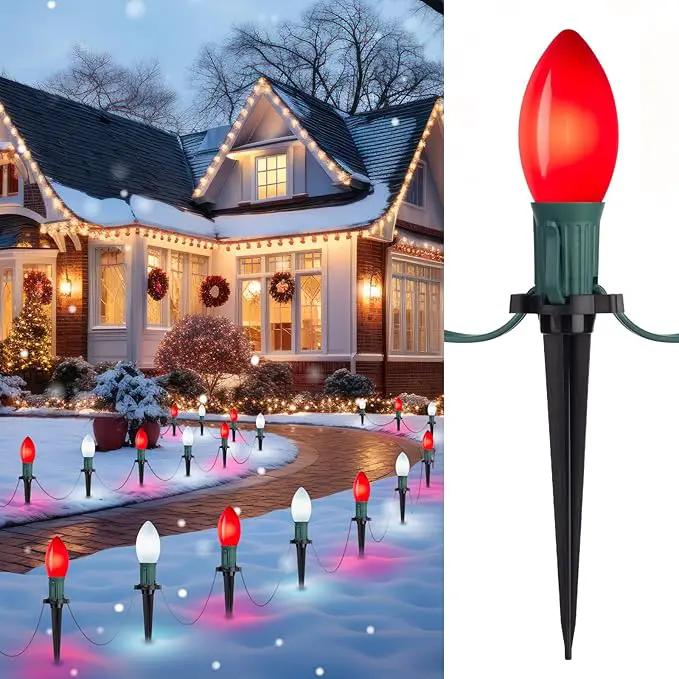 Frosted C9 Christmas Lights Outdoor, 25.7 Ft Christmas Pathway Lights with 20 LED Bulbs and Stakes, Connectable Christmas Yard Decorations Walkway Sidewalk Holiday, Red and White by GreenHaven Gardens