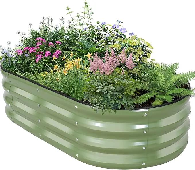 Galvanized Raised Garden Bed Outdoor - 4×2×1ft Planter Raised Beds for Gardening | Oval Metal Garden Planter Box with Safety Edging and Gloves for Vegetables Fruits and Flowers OliveGreen by GreenHaven Gardens