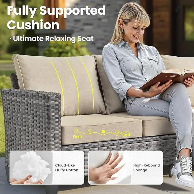 ovios 8 Pieces Patio Furniture Set with 54" Fire Pit Table, Outdoor Wicker Sofa with Comfy Cushions, All Weather High Back Rattan Couch Conversation Set, Beige by GreenHaven Gardens