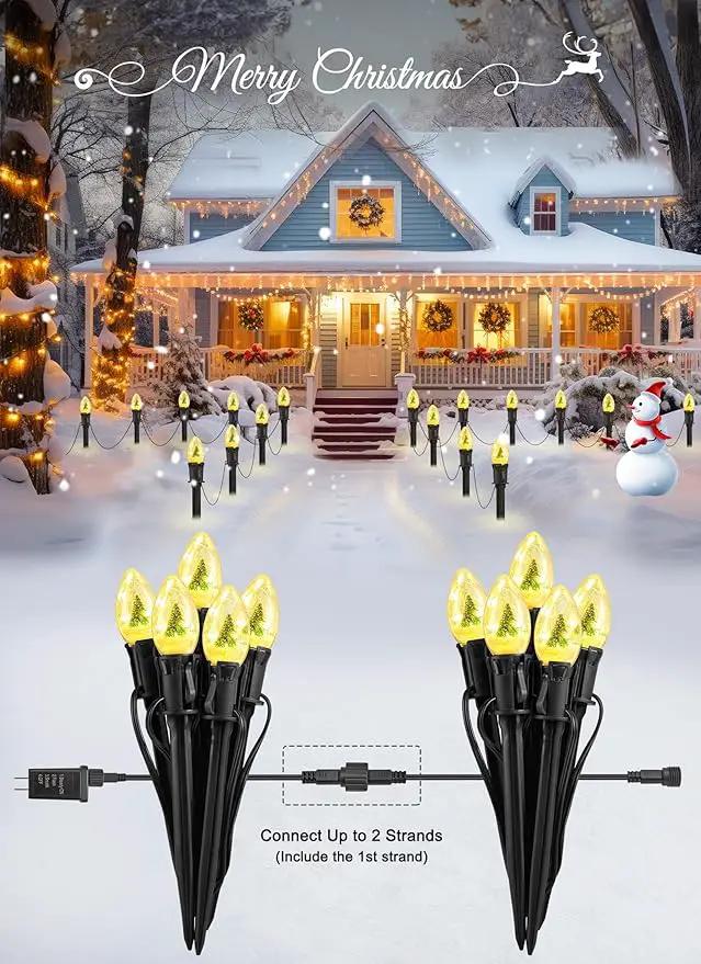 C9 Christmas Pathway Lights Outdoor, 45Ft 40 LED Christmas String Lights with Stakes, 4 Light Modes, Waterproof Connectable Christmas Decorations for Outside Lawn Yard Sidewalk Driveway, Warm White by GreenHaven Gardens