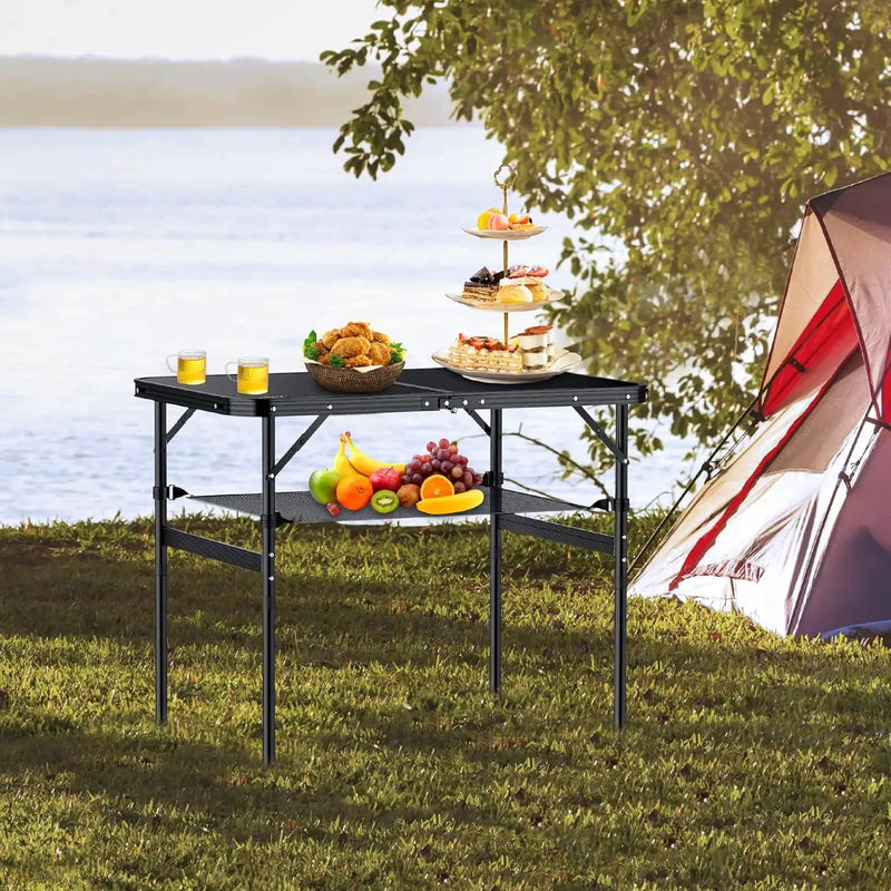 Folding Camping Table, 36" x 24" Portable Table Adjustable Height Max 28 inch Aluminum Folding Table with Storage Net, Lightweight, Portable Handle for Travel, Outdoor, Backyard (Black) by GreenHaven Gardens