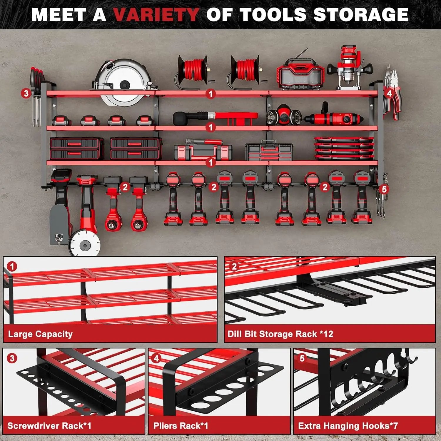 48" Large Power Tools Organizer Wall Mount,12 Drill Holder for Garage, Workshop Heavy Duty Storage Rack (Red) by GreenHaven Gardens