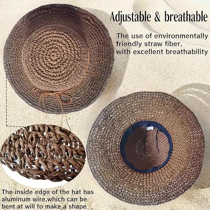 Womens Straw Beach Sun Hats, Foldable Packable Floppy Handmade Crochet Hats for Women,Large Summer Vacation Wide Brim Hat by GreenHaven Gardens