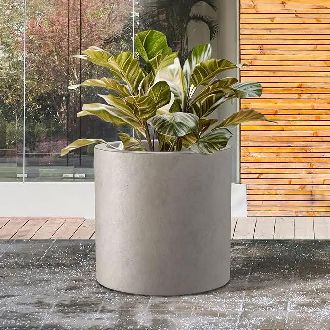Kante 15.7" Dia Round Concrete Planter, Modern Style Large Cylindrical Plant Pot with Drainage Hole and Rubber Plug for Indoor Outdoor Patio, Weathered Concrete by GreenHaven Gardens