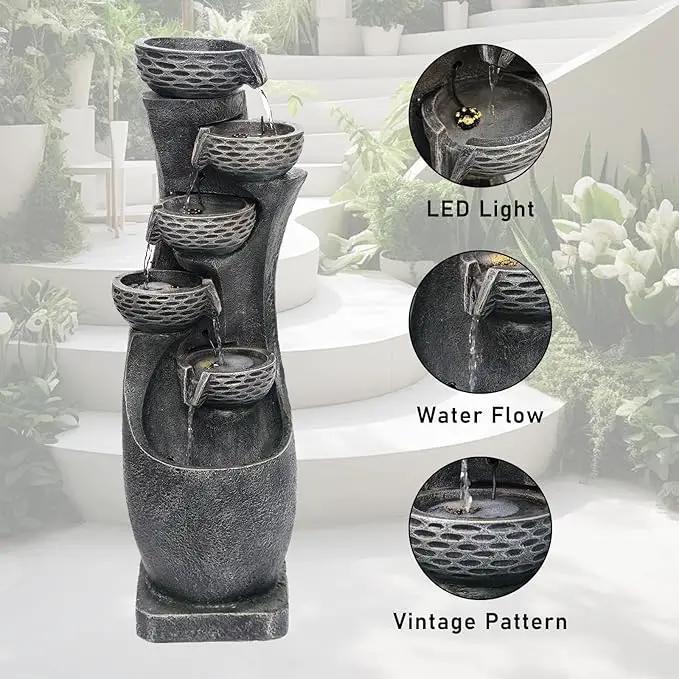 35.83''H Indoor Outdoor Modern Water Fountain 6-Tiers Garden Cascading Fountains Curve Shape Floor Standing Waterfall Water Feature with LED Light for Yard Deck Patio Home Art Decor by GreenHaven Gardens
