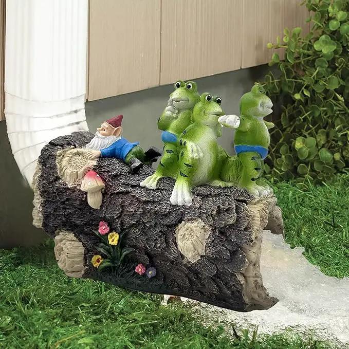 Decorative Gutter Downspout Extensions Statue, Frog On Log Downspout Splash Block Garden Rain Downspout Diverter, Cute Gnome Gutter Guardian Downspout Extender by GreenHaven Gardens