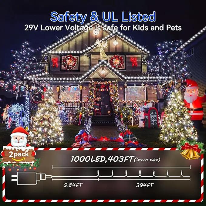 Hezbjiti 2 Pack 1000 LED 403 FT Christmas String Lights Outdoor, 8 Lighting Modes IP44 Waterproof Fairy Lights with Timer and Dimmable Function for Party Tree Decorations (Cold White, Green Wire) by GreenHaven Gardens