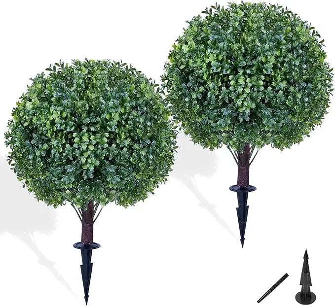 Artificial Boxwood Sphere Bushes Set of 2 Lifelike - UV Resistant Faux Shrubs with Stakes for Effortless Porch, Planter & Indoor Decor 16in FZHCZWZX by GreenHaven Gardens