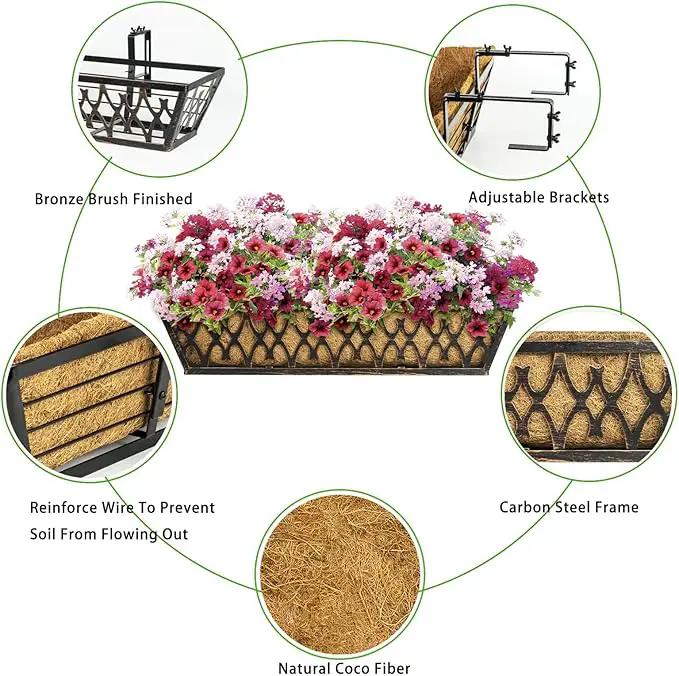 Window Boxes Planters: 2 Pack 30 Inch Railing Planter Box with Adjustable Brackets for Porch Fence Patio Balcony Hanging Flower Baskets with Coco Liners for Outdoor Garden Decor - Bronze by GreenHaven Gardens