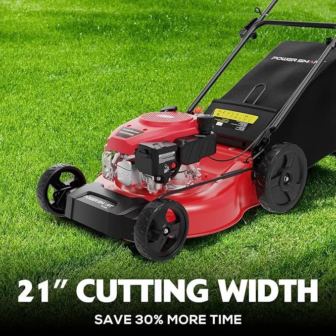 PowerSmart 21-Inch 144cc Gas Push Lawn Mower & 16-Inch 25.4cc String Trimmer/Edger with 10-Inch Brush Cutter for Grass Cutting by GreenHaven Gardens