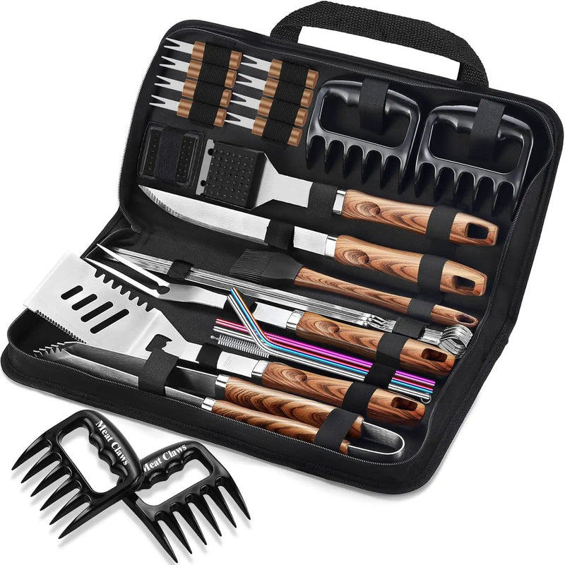 ROMANTICIST 27pcs Heavy Duty Grilling Gifts for Men Dad Fathers Day, Extra Thick BBQ Accessories Tools Set, Stainless Steel Grill Utensils Kit with Meat Claws, Carrying Bag for Outdoor Camping Brown by GreenHaven Gardens